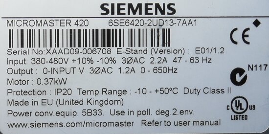 Siemens 6SE6420-2UD13-7AA1 Micromaster 420, 1 HP VS AC Drive 480V 1.2 Amp 0.37 kW