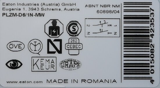 Eaton PLZM-D6/1N-MW Installatieautomaat D 6A, 1P+N, 10 kA 242353