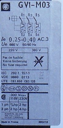 Telemecanique motor protection GV1-M03 0.25-0.4AMP 660 VAC 50 / 60HZ