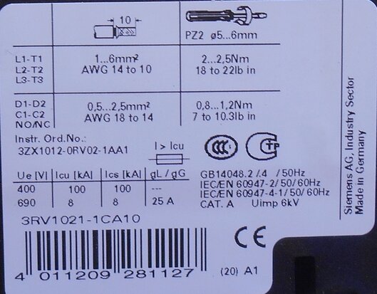 Siemens 3RV1021-1CA10 Motor protection switch 1.8 - 2.5 A 3P