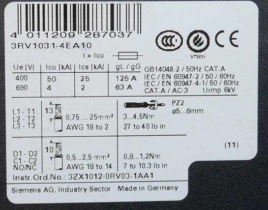 Siemens 3RV1031-4EA10 Vermogensschakelaar 3NO 22 - 32 A, 3RV10314EA10