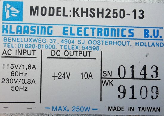 KLAASING ELECTRONICS KHSH250-13 voeding