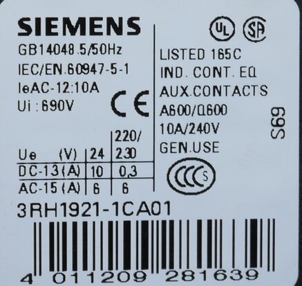Siemens 3RH1921-1CA01 auxiliary contact block 1NC, 3RH19211CA01