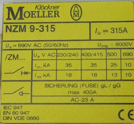 Klockner Moeller NZM 9-315 + ZM9-315 Circuit Breaker 315A 3P NZM9-315