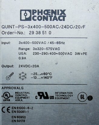 Phoenix Contact Quint-PS-3x400-500AC/24DC/20/F Voeding 2938510