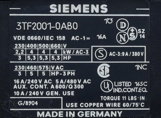 Siemens 3TF2001-0AB0 contactor 01E 24V AC 16A 3P 1NC