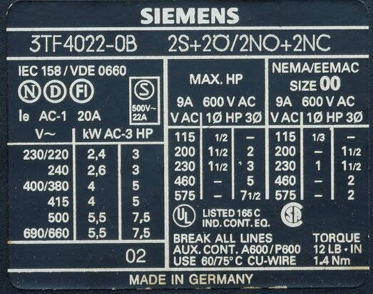 Siemens 3TF022-0B contactor 24V DC 2NO + 2NC