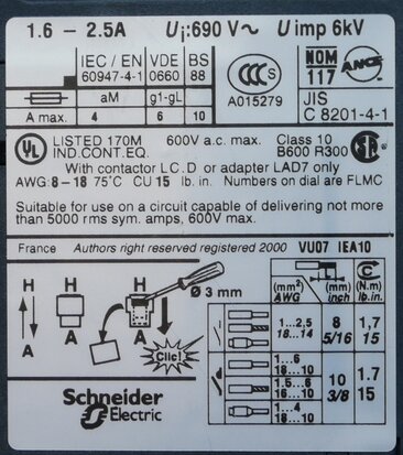 Telemecanique LRD07 thermal relay 1.6 - 2.5A 1NO + 1NC