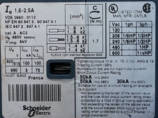 Telemecanique GV2ME07 motor protection switch 1.6-2.50A