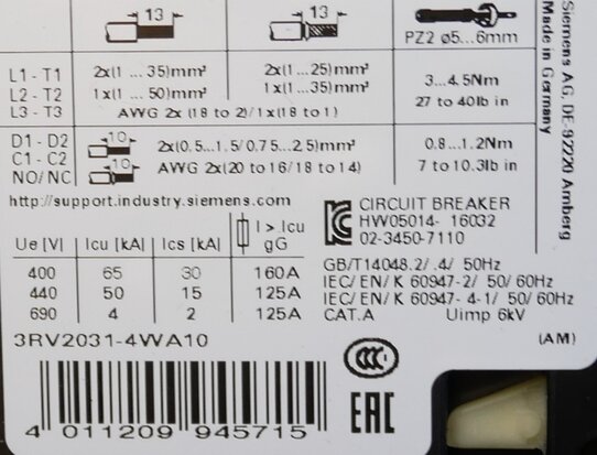 Siemens 3RV20314WA10 Motor protection switch 42-52a screw S2