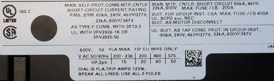 Siemens 3RV20314WA10 Motor protection switch 42-52a screw S2