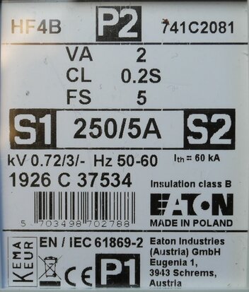 Eaton HF4B 250/5A-class 0.2S Stroomtrafo 741C2081