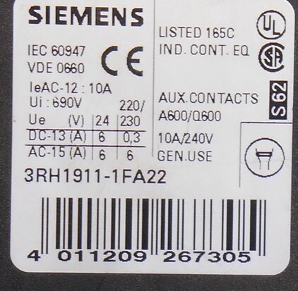 Siemens SIRIUS hulpcontact 3RH1911-1FA22, 2 NO, 2 NC (gebruikt)