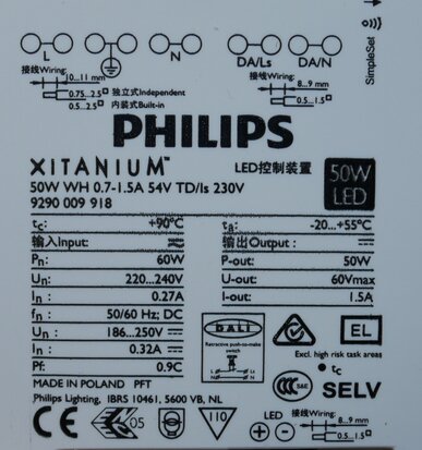 Philips Xitanium 50W WH 0.7-1.5A 54V TD/Is 230V LED driver 9290009918