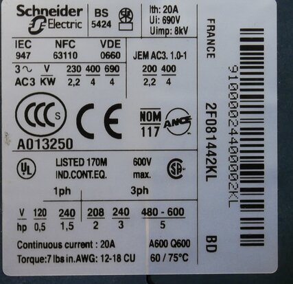 Telemecanique LP1K0910BD magneetschakelaar 24V DC 4KW 9a 3P 1NO