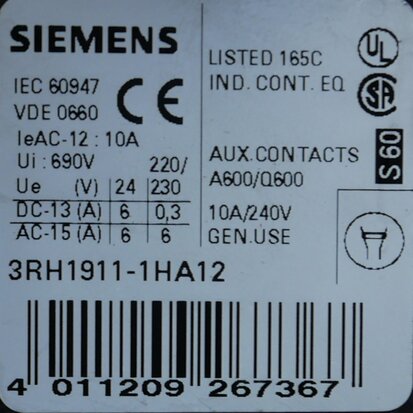 Siemens 3RH1911-1HA12 auxiliary contact block 2NC+1NO