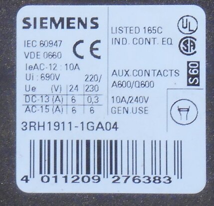 Siemens 3RH1911-1GA04 Auxiliary Contact Block 4