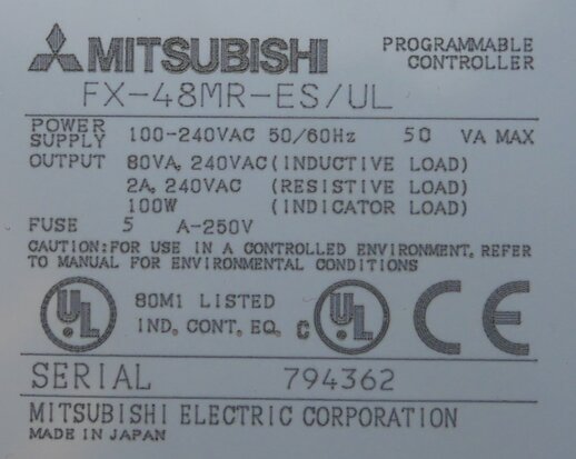 Mitsubishi FX-48MR-ES/UL Programmable Controller PLC, 100-240VAC