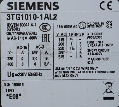 Siemens 3TG1010-1AL2 contactor 4x NO 4 kW