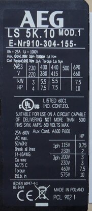AEG LS5K.10 contactor 3P 1NO 24V DC 25A, 143659