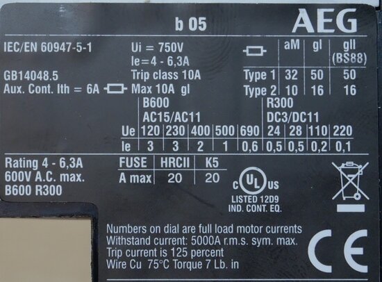 AEG b05 thermal relay setting range 4 - 6.3A, 1NC, 210092