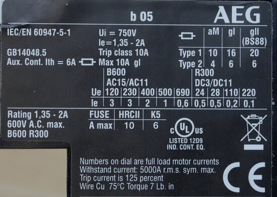 AEG b05 thermal relay setting range 1.35 - 2A, 1NC, 210069