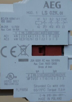 AEG LS02K.01-55 contactor 3P 1NC 24V 20A, 137633