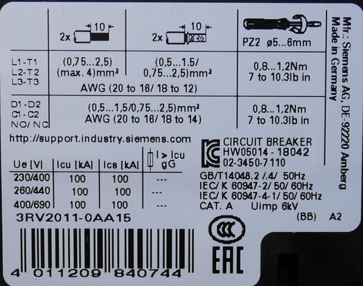 Siemens 3RV20110AA15 Motorbeveiligingsschakelaar 0.11-0.16a, 1NO+1NC