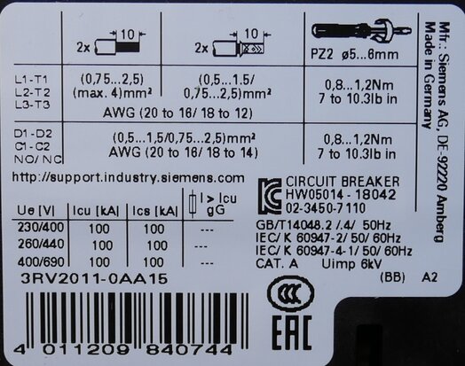 Siemens 3RV20110AA15 Motor protection switch 0.11-0.16a, 1NO+1NC