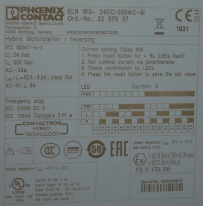 Phoenix Contact elr w3-24dc/500ac-9i motor starter 2297057 reversing motor starter