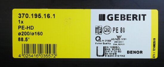Geberit 370.195.16.1 PE T-stuk 88,5gr, 200/160 mm
