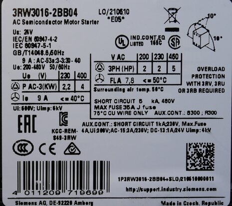 Siemens Sirius 3RW3016-2BB04 softstarter S00 9a 4KW/400V 24vac/DC klemveer