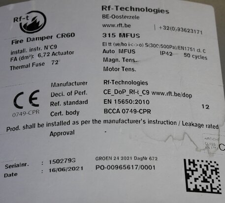 Rf-Technologies CR60+MFUS Ronde brandklep 315 mm handbediend, CR60MFUS315