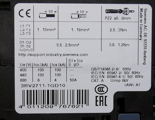 Siemens 3RV2711-1GD10 Circuit breaker 6.3 A, 3RV27111GD10