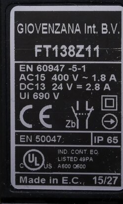 Giovenzana FT138Z11 Eindschakelaar kunststof behuizing, actuator met 20mm rol, snap action 1NO+1NC, M16