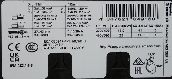 Siemens 3RT2035-1CK6-43MA0 contactor 3P 2NO+2NC 110-120V