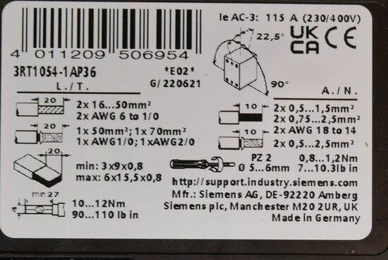 Siemens 3RT1054-1AP36 magneetschakelaar ac/DC 64KW 115a ac3, 220 - 240 V (beschadigd)