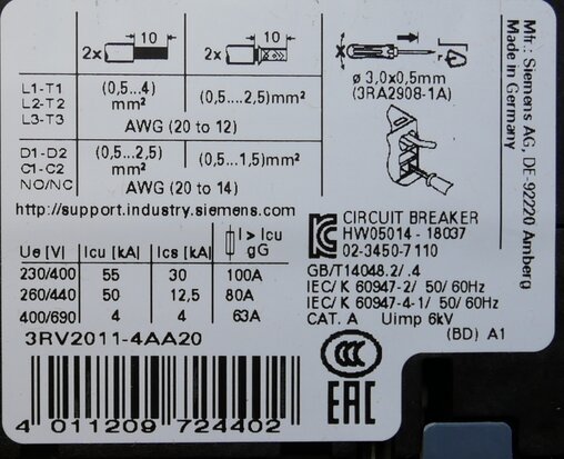 Siemens 3RV2011-4AA20 Motor protection switch 10-16a screw S00