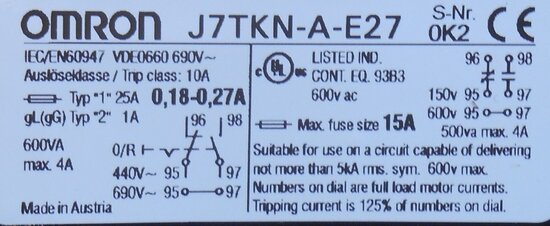 Omron Thermal protection relay 0,18-0,27 A J7TKN-A-E27