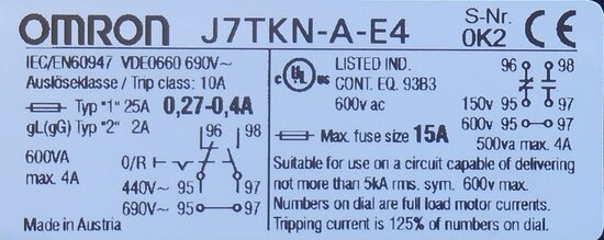 Omron Thermal protection relay 0,27-0,4 A J7TKN-A-E4