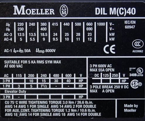 Moeller DILM40 contactor 400V AC 18,5KW 50A 3P, 277768