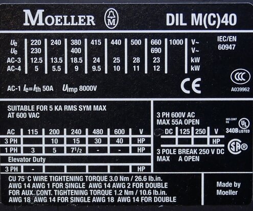 Moeller DILM40 magneetschakelaar 400V AC 18,5KW 50A 3P, 277768