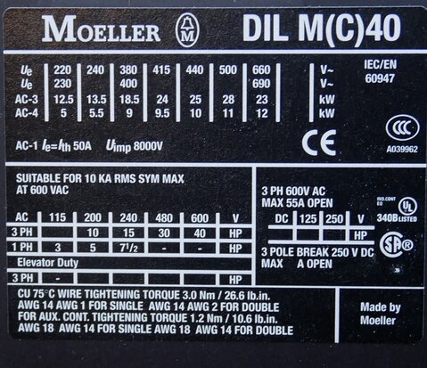 Moeller DILM40 magneetschakelaar 230V AC 18,5KW 50A 3P, 277766