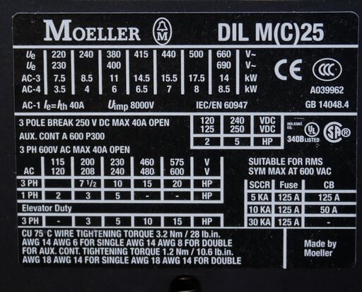 Moeller DILM25-01 magneetschakelaar 24V AC 11KW 40A 3P+1NC, 277675