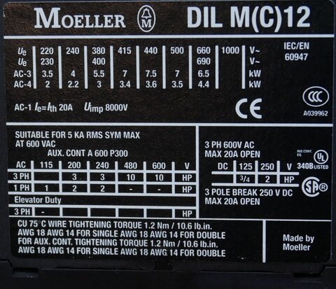 Moeller DILM12-01 magneetschakelaar 400V AC 5,5KW 20A 3P+1NC, 276867