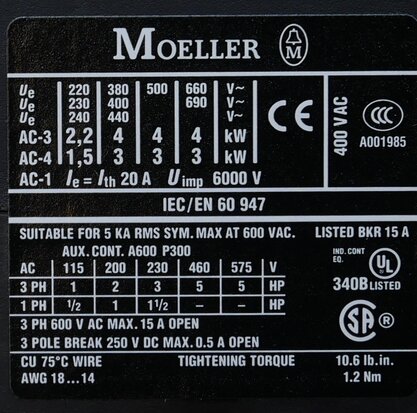 Moeller DILEM-10 magneetschakelaar 230V AC 4KW 20A 3P+1NO, 051786