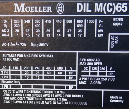 Moeller DILM65 contactor 24V AC 30KW 72A 3P, 277881