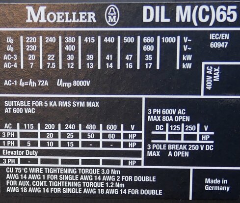 Moeller DILM65 magneetschakelaar 24V AC 30KW 72A 3P, 277881