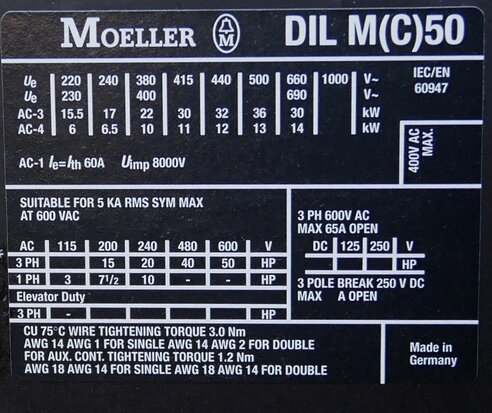 Moeller DILM50 contactor 24V AC 22KW 60A 3P, 277817
