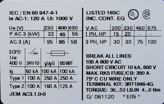 Siemens 3RT1046-1AP00 magneetschakelaar 3P 95A 230 V AC, 3RT10461AP00